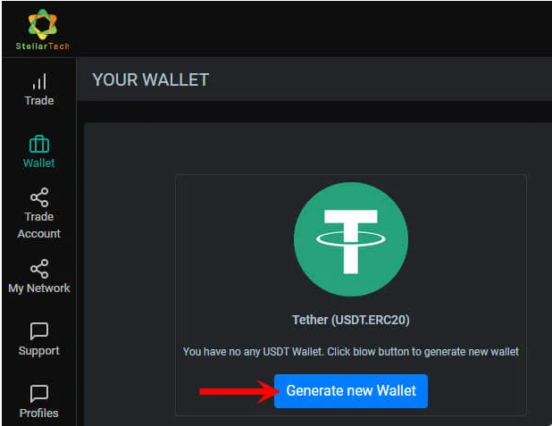 Vào Wallet nhấn vào Generate New Wallet để tạo địa chỉ ví USDT