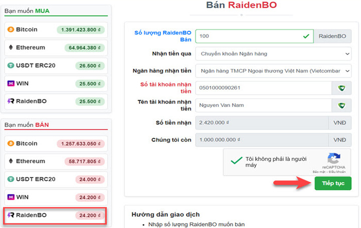Điền đầy đủ và chính xác thông tin bán RaidenBO rồi kích chọn Tiếp tục