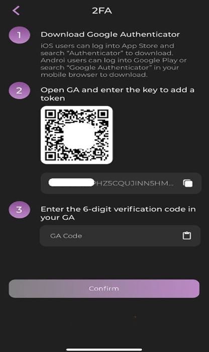 Nhập mã vừa quét được ở ứng dụng vào ô GA Code và nhấn Confirm