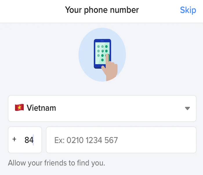 Chọn quốc gia Việt Nam (+84) và điền số điện thoại nhận mã xác nhận