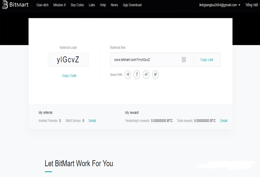 Bitmart sẽ hiện ra Referral Code và Referral Link của bạn