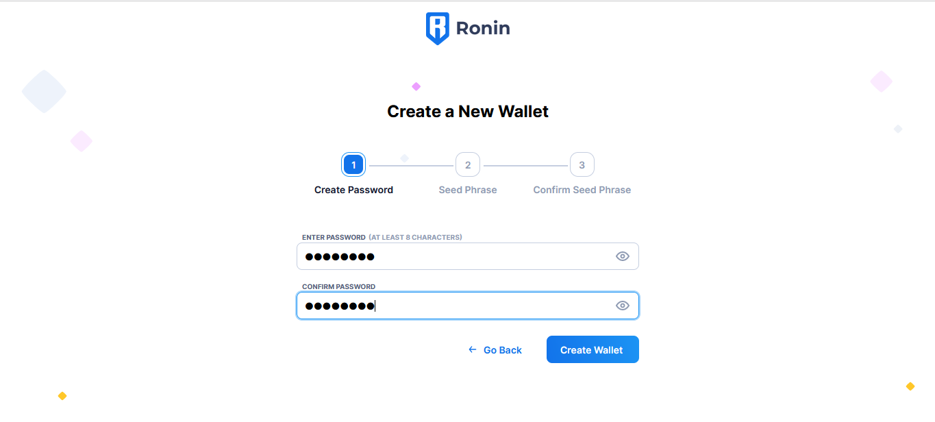 Nhập mật khẩu tài khoản Ronin Wallet để tạo ví và bấm Create Wallet