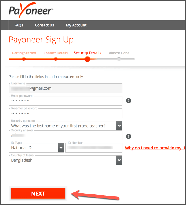 Điền thông tin bảo mật cho tài khoản Payoneer và nhấn Tiếp tục