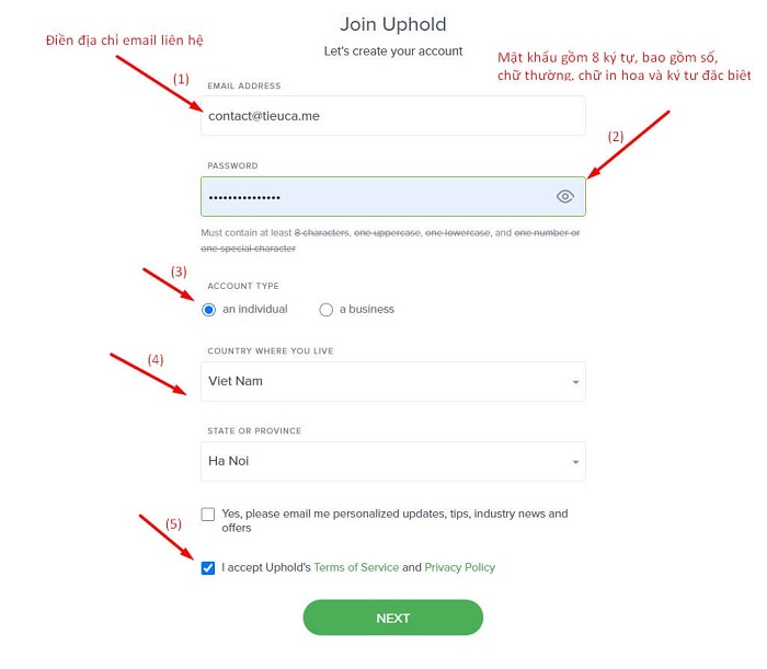 Điền đầy đủ thông tin đăng ký tài khoản Uphold