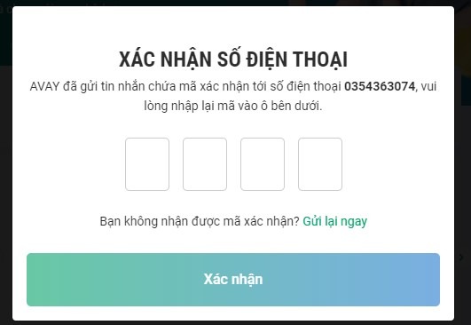 Nhập mã xác nhận được gửi vào số điện thoại