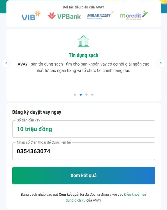 Khách hàng lựa chọn gói vay và điền số điện thoại